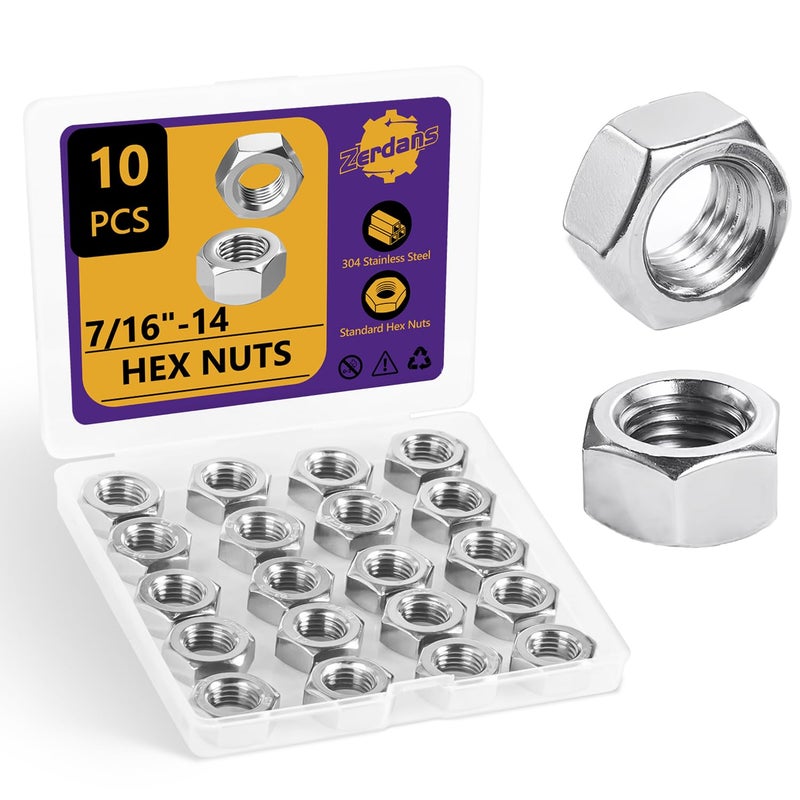 ZerDans 7/16"-14 Hex Nuts, 15Pcs 304 Stainless Steel Metal Standard Inch Hexagonal Nuts Hardware Set for Bolt for Furniture, Automotive, Industry and Construction, Full Thread - Image 1